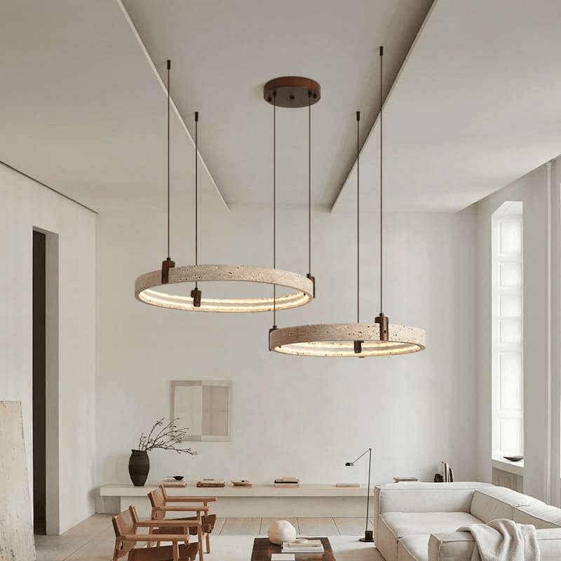 Style Natural Stone Pendant Lights Travertine Ring Suspension Luminaire Living Dining Room Home Decor Chandeliers, Travertine Ring Pendant Light PL0918-15, Walnut Wood Dimmabl, operation11