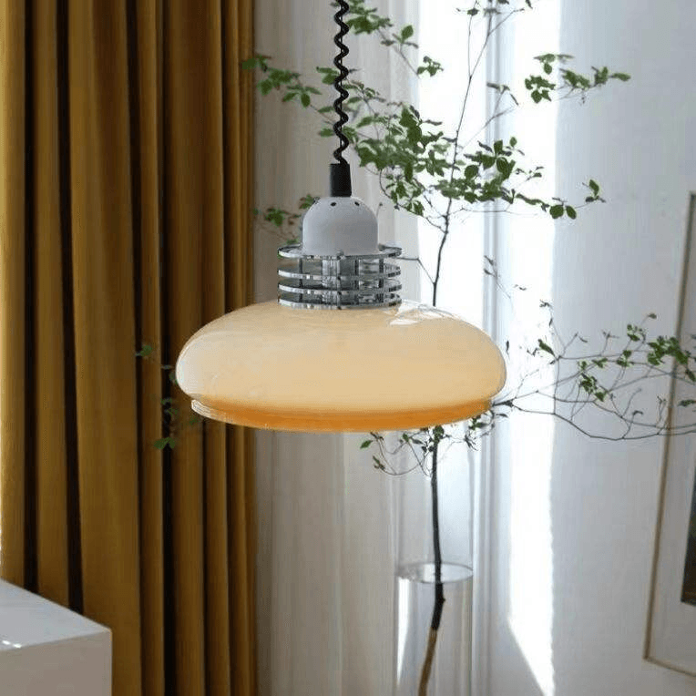 French Modernist Italian Mid Century Modern Lighting Space Age Yellow Beige Vintage Hanging Glass Pendant Lamp, operation11