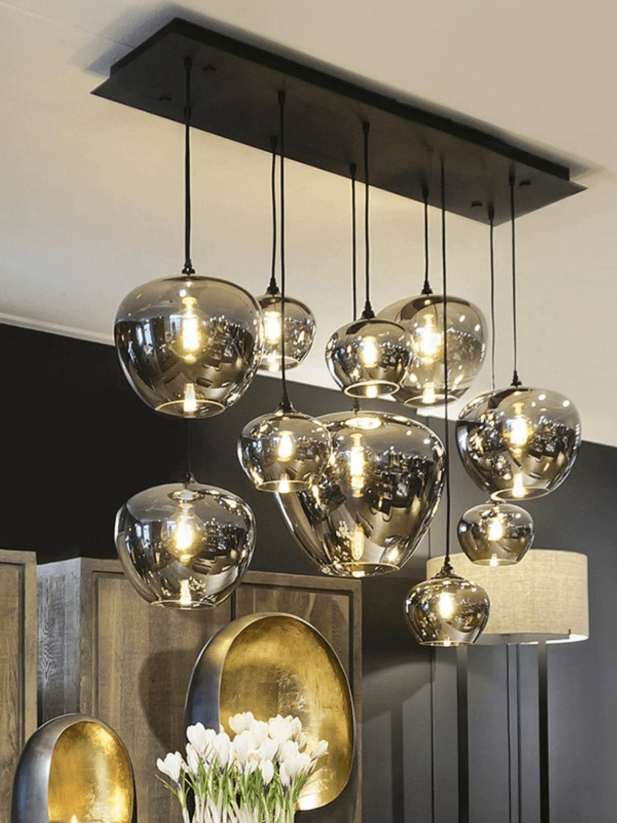 Indoor Hanging Glass Lighting Kitchen Island Restaurant Modern Smoke Grey Glass Ball Pendant Light, Smoke Grey Glass Ball Pendant Light PL0918-02, Dim LED Light, operation11