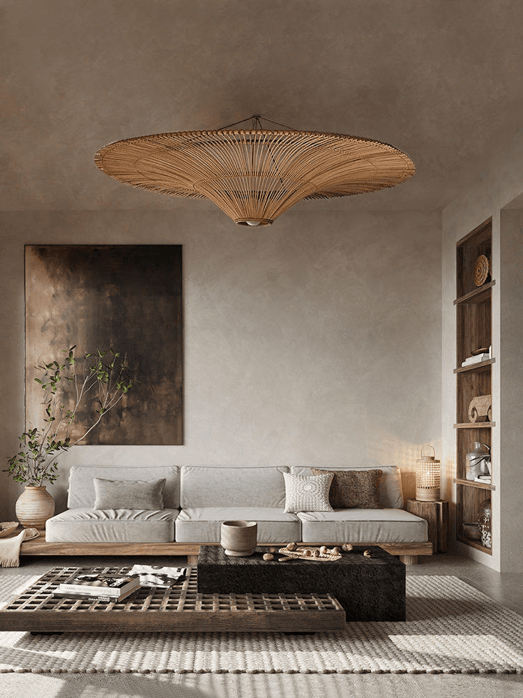 Minimalist Japanese Wabi Sabi Style Retro Rattan Art Ceiling Lamp Homestay Hotel,Southeast Asian Style Rattan Woven Lamp, Coffee Rattan Pendant Light PL0918-07, Dimmable 3500K LED, operation11