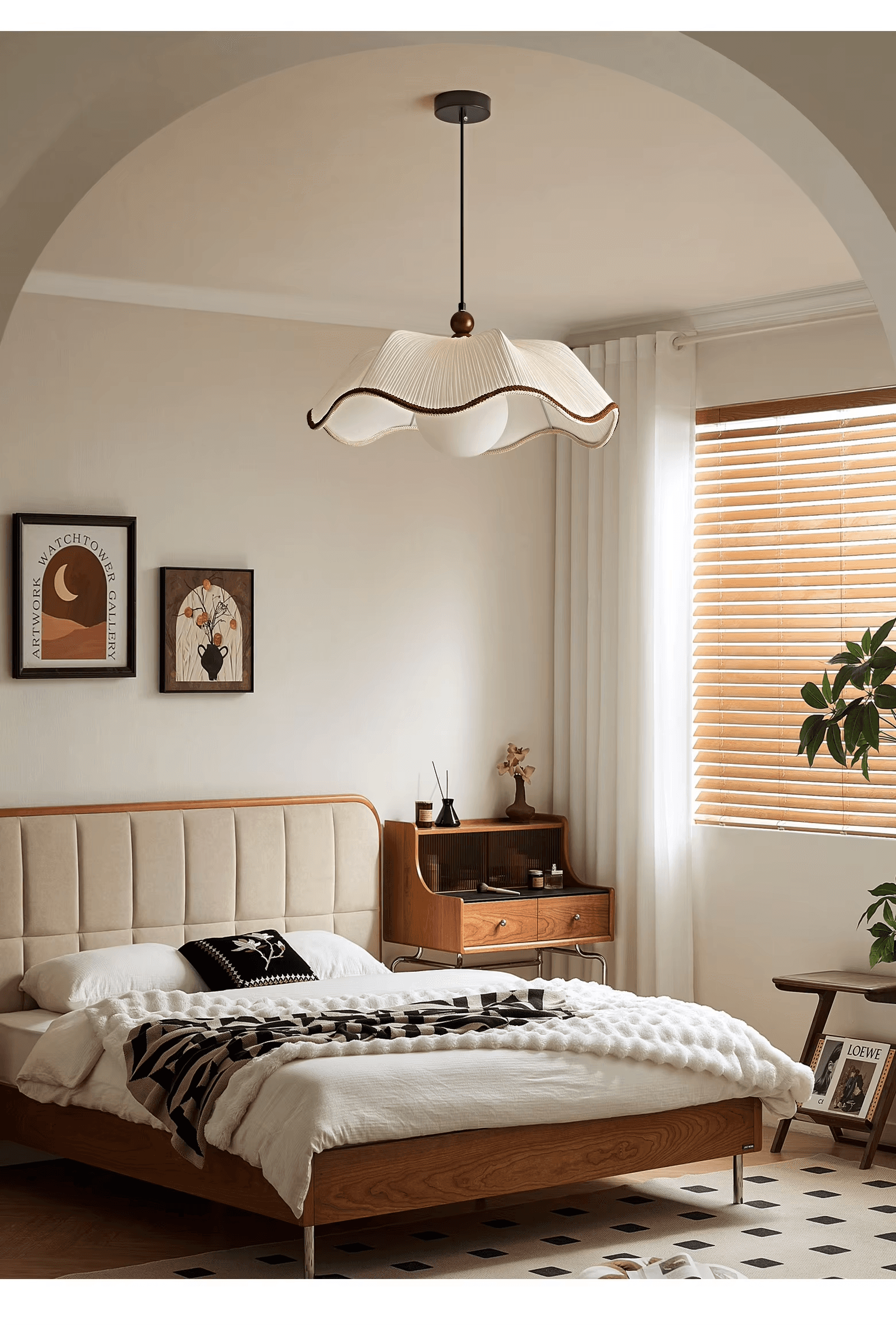 French Retro Creamy Pleated Scalloped Vintage Pendant Light Wabi-sabi Fabric Chandelier for Dining Room Hotel Bedroom, French Retro Pleated Scalloped Pendant Light, operation11