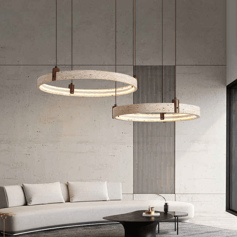 Style Natural Stone Pendant Lights Travertine Ring Suspension Luminaire Living Dining Room Home Decor Chandeliers, Travertine Ring Pendant Light PL0918-15, Walnut Wood Dimmabl, operation11