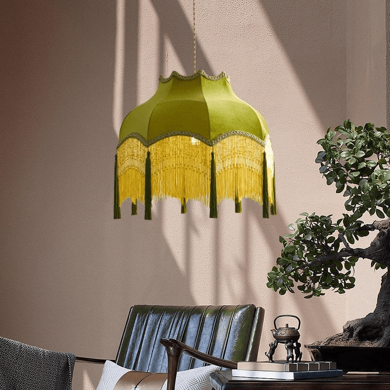 Retro Court Style Handmade Linen Tassels Pendant Lamp Hanging Fabric Lamp Shade for Home, French Retro Green Fabric Pendant Light PL0918-20, Dimmable, operation11