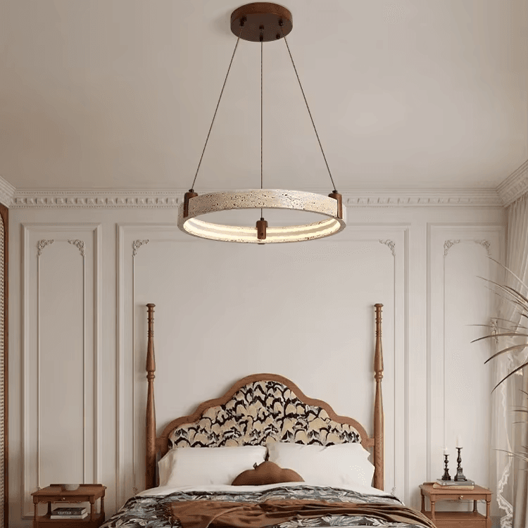 Style Natural Stone Pendant Lights Travertine Ring Suspension Luminaire Living Dining Room Home Decor Chandeliers, Travertine Ring Pendant Light PL0918-15, Walnut Wood Dimmabl, operation11