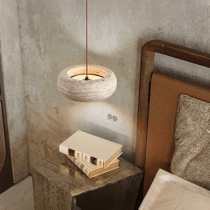 Wabi-sabi Vintage Natural Round Travertine Led Pendant Light for Bedroom Hallway Dinner Table, operation11