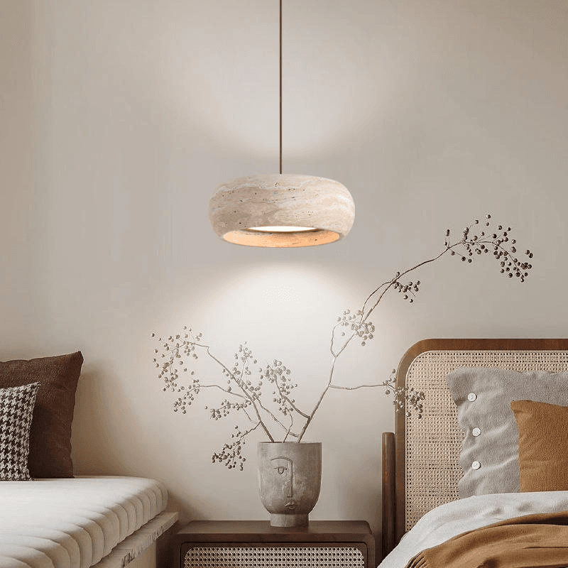 Wabi-sabi Vintage Natural Round Travertine Led Pendant Light for Bedroom Hallway Dinner Table, operation11