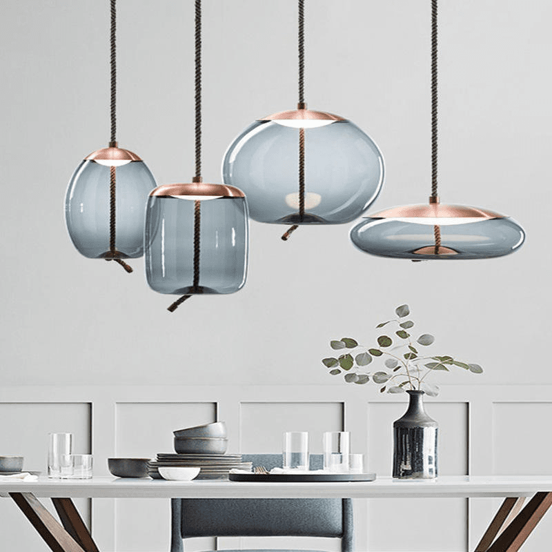 Creative Restaurant Kitchen Dining Room Bar Hanging Lamp Smoked Glass Ball Twisted Rope Pendant Lights for Kitchen, Multi Color Round Glass Pendant Light PL0918-03, Dimmable 35, operation11