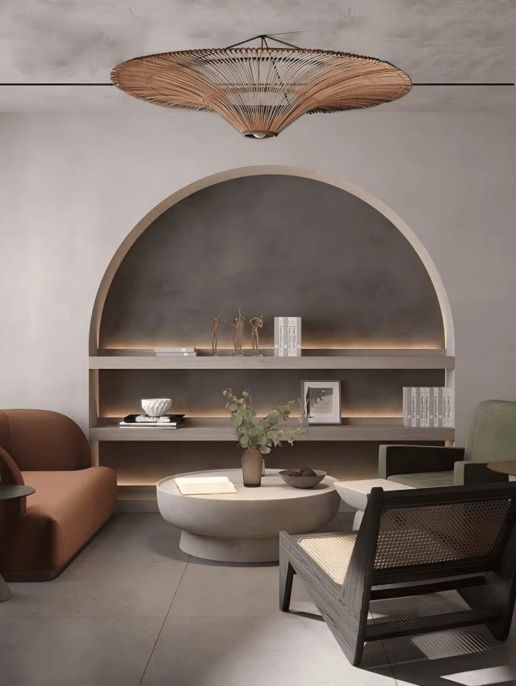 Minimalist Japanese Wabi Sabi Style Retro Rattan Art Ceiling Lamp Homestay Hotel,Southeast Asian Style Rattan Woven Lamp, Coffee Rattan Pendant Light PL0918-07, Dimmable 3500K LED, operation11