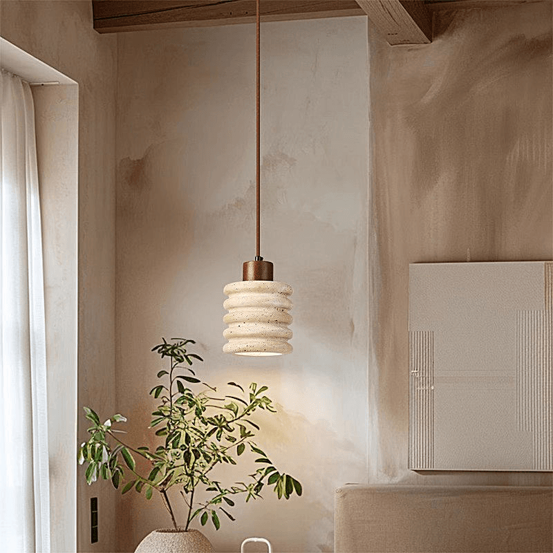Natural Travertine Pendant Light Modern Wabi Sabi Stone Hanging Lamp Dining Room Chandelier Wooden Accent Lighting, operation11