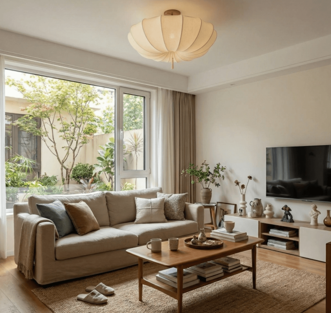 Traditional Round Fabric Chandelier ‑ Japanese Style for Living Room T261, operation11