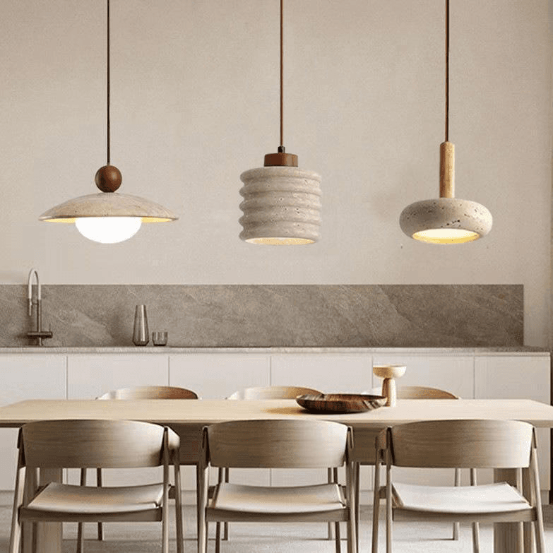 Natural Travertine Pendant Light Modern Wabi Sabi Stone Hanging Lamp Dining Room Chandelier Wooden Accent Lighting, operation11