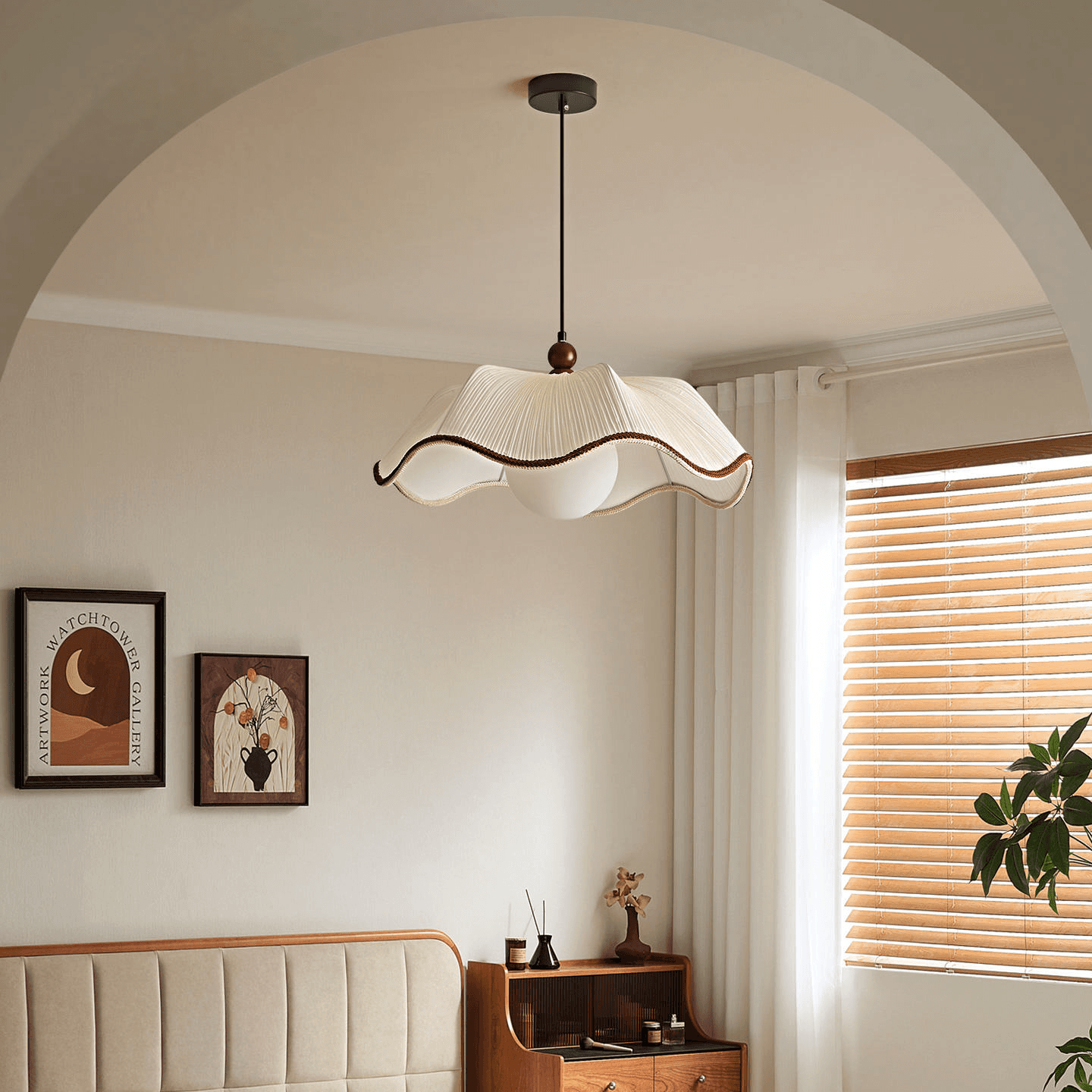 French Retro Creamy Pleated Scalloped Vintage Pendant Light Wabi-sabi Fabric Chandelier for Dining Room Hotel Bedroom, French Retro Pleated Scalloped Pendant Light, operation11