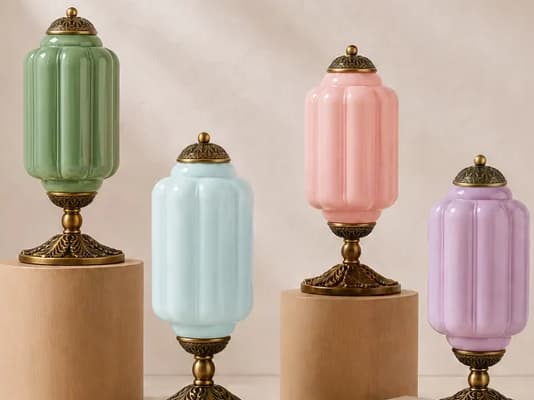 Cream glass Eloise table lamp representing LumaTrade's lighting sourcing and export service